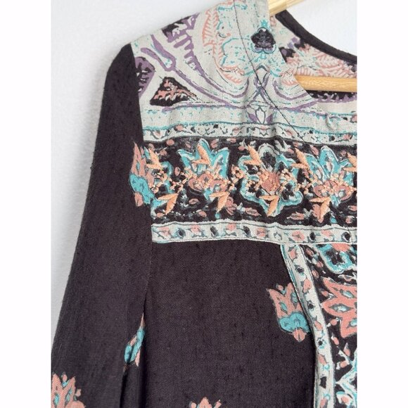 Free People Bandana Bandit Embroidered Peasant Top Size 6 Black Boho Festival - Picture 5 of 15